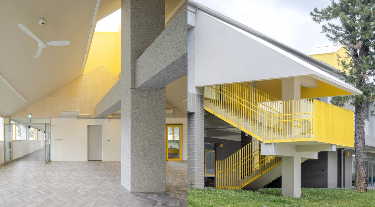 解構office aaa究境建築兩座幼兒園新作:太陽黃「斜屋頂」重現童年房屋想像,懸臂、退縮設計營造架高視覺美感 解構office aaa究境建築兩座幼兒園新作:太陽黃「斜屋頂」重現童年房屋想像,懸臂、退縮設計營造架高視覺美感