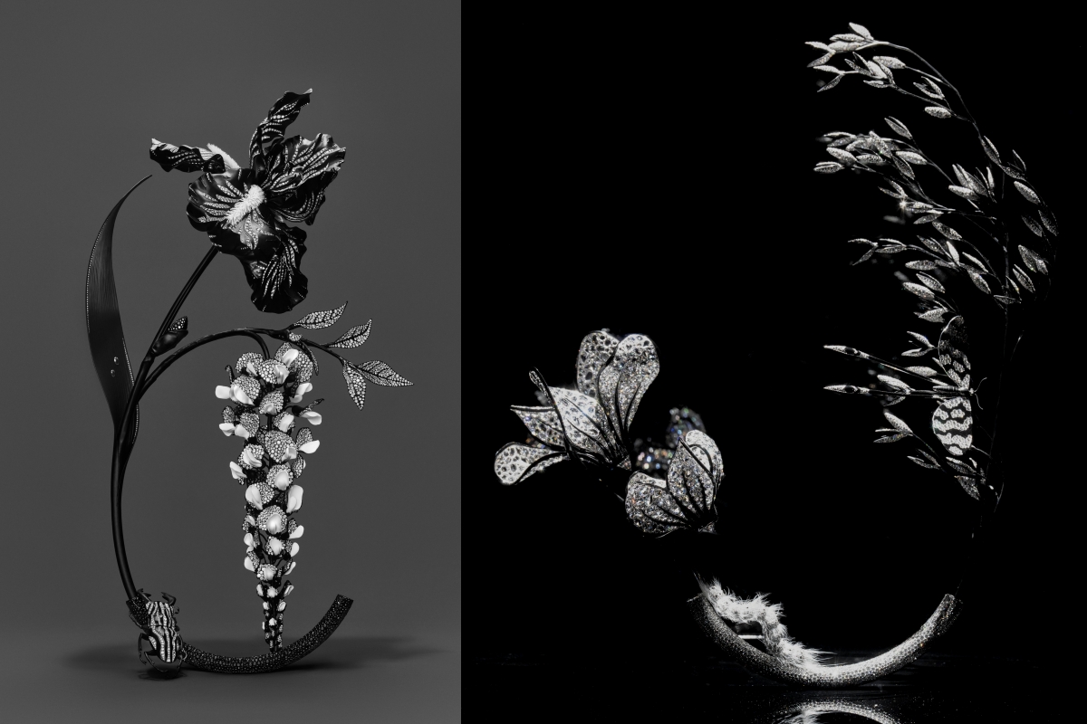 「Composition n°3 鳶尾花、紫藤花、鹿角鍬形蟲」、「Composition n°4 仙客來、燕麥穗、毛蟲、蝴蝶」。(圖片提供:Boucheron) 「Composition n°3 鳶尾花、紫藤花、鹿角鍬形蟲」、「Composition n°4 仙客來、燕麥穗、毛蟲、蝴蝶」。(圖片提供:Boucheron)