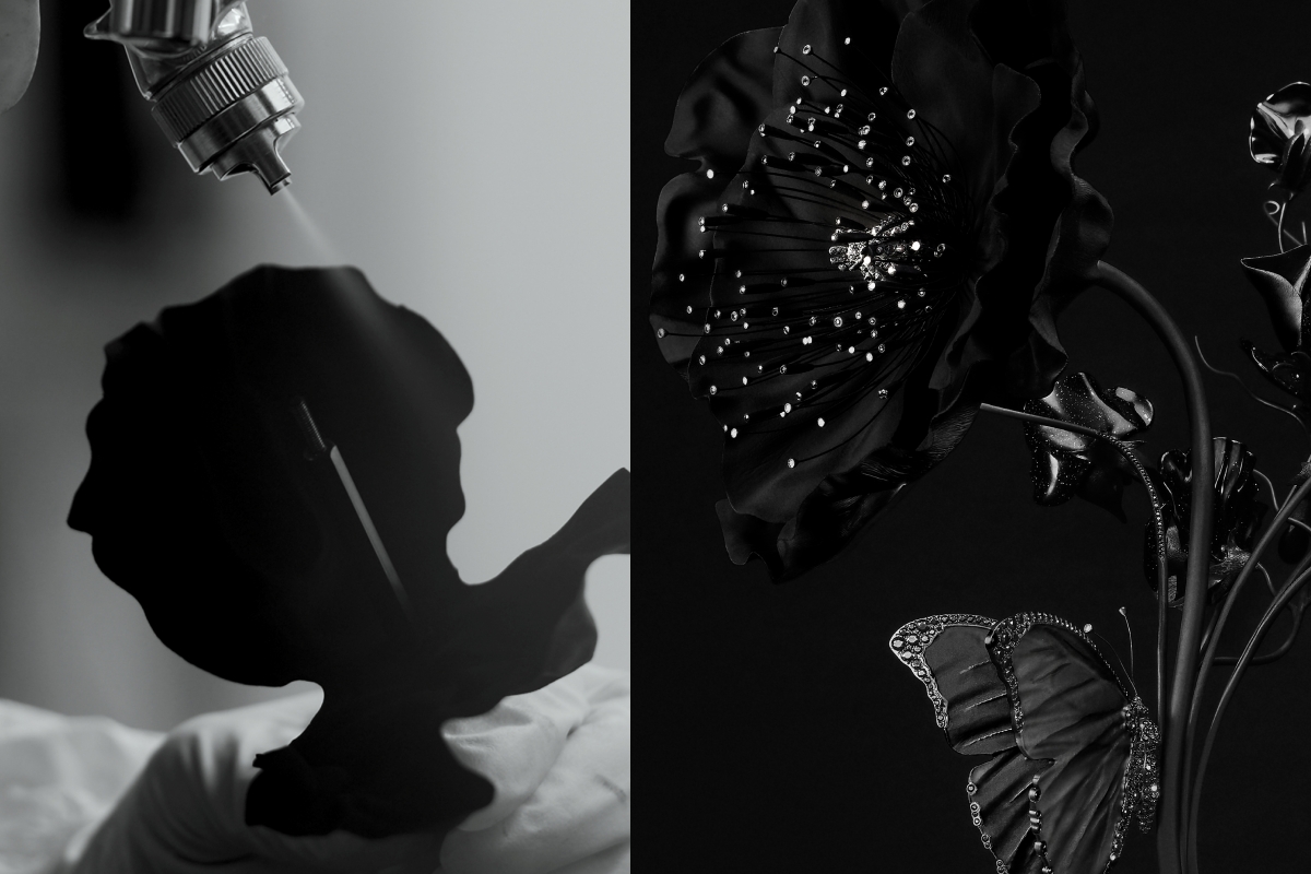 「Composition n°1 罌粟花、香豌豆花、蝴蝶」,花瓣覆上Vantablack®塗層。(圖片提供:Boucheron) 「Composition n°1 罌粟花、香豌豆花、蝴蝶」,花瓣覆上Vantablack®塗層。(圖片提供:Boucheron)