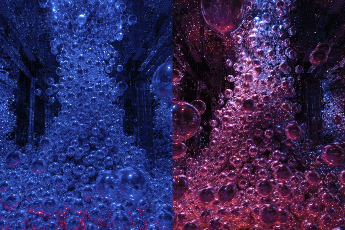 《Morphing Continuum/変容する連続体》縱向捲動形成垂直雕塑狀態。(圖片提供:teamLab Biovortex Kyoto, Kyoto © teamLab) 《Morphing Continuum/変容する連続体》縱向捲動形成垂直雕塑狀態。(圖片提供:teamLab Biovortex Kyoto, Kyoto © teamLab)