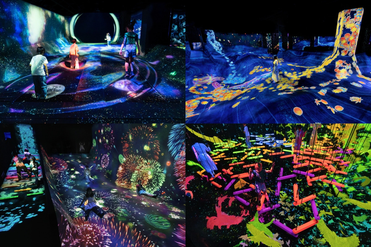 《Multi Jumping Universe》、《Sliding through the Fruit Field》、《Graffiti Nature and Beating Earth》、《Aerial Climbing through a Flock of Colored Birds》。(圖片提供:teamLab Biovortex Kyoto, Kyoto © teamLab) 《Multi Jumping Universe》、《Sliding through the Fruit Field》、《Graffiti Nature and Beating Earth》、《Aerial Climbing through a Flock of Colored Birds》。(圖片提供:teamLab Biovortex Kyoto, Kyoto © teamLab)