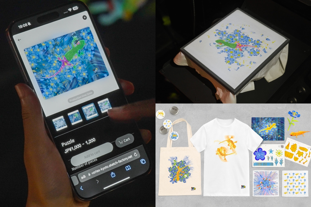 商品包括托特包、T恤、拼圖、徽章等種類,在《Graffiti Nature》或《Sketch Ocean》下訂後至出口前的「彩繪工廠」取件;圖以《Graffiti Nature》作品中所繪之生物示範製作流程。(圖片提供:teamLab Biovortex Kyoto, Kyoto © teamLab) 商品包括托特包、T恤、拼圖、徽章等種類,在《Graffiti Nature》或《Sketch Ocean》下訂後至出口前的「彩繪工廠」取件;圖以《Graffiti Nature》作品中所繪之生物示範製作流程。(圖片提供:teamLab Biovortex Kyoto, Kyoto © teamLab)