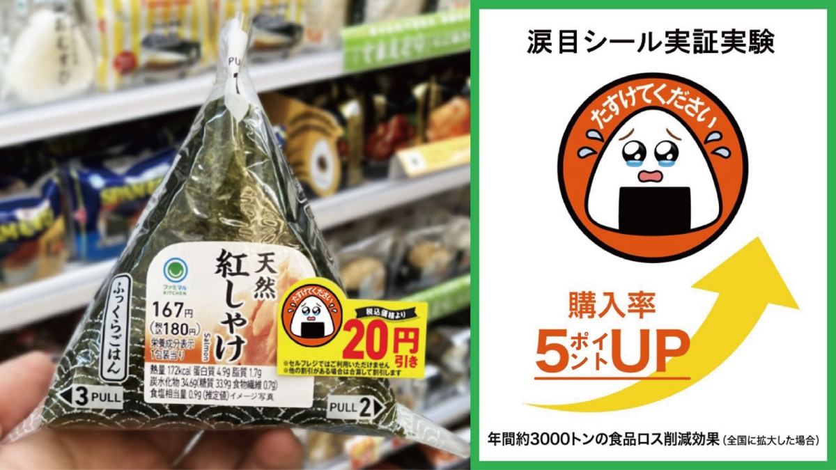 日本全家「哭哭貼紙」的計畫目的,是希望透過在降價貼紙上,不僅標示降價金額,還加上「能打動顧客內心的訊息」,與顧客一同減少食物浪費。(圖片來源:株式会社ファミリーマート) 日本全家「哭哭貼紙」的計畫目的,是希望透過在降價貼紙上,不僅標示降價金額,還加上「能打動顧客內心的訊息」,與顧客一同減少食物浪費。(圖片來源:株式会社ファミリーマート)