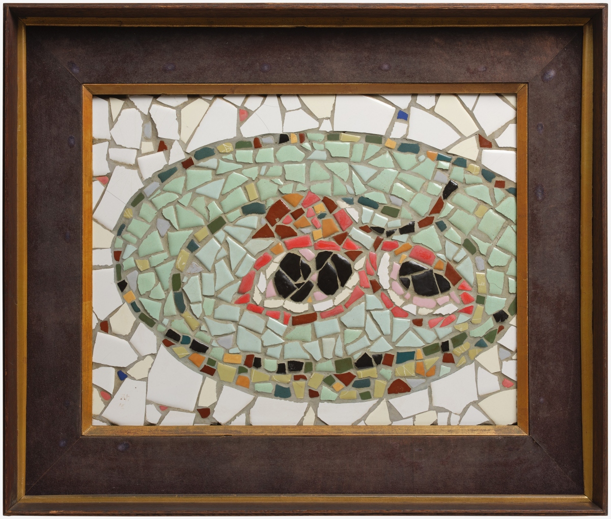 林之助（1917- 2008），〈秋果〉，1969，馬賽克拼貼，畫心 31.5 × 40 公分，全尺寸 47.5× 56.2 公分，臺中市立美術館藏。（圖片提供：中美館，攝影：ANPIS FOTO 王世邦）