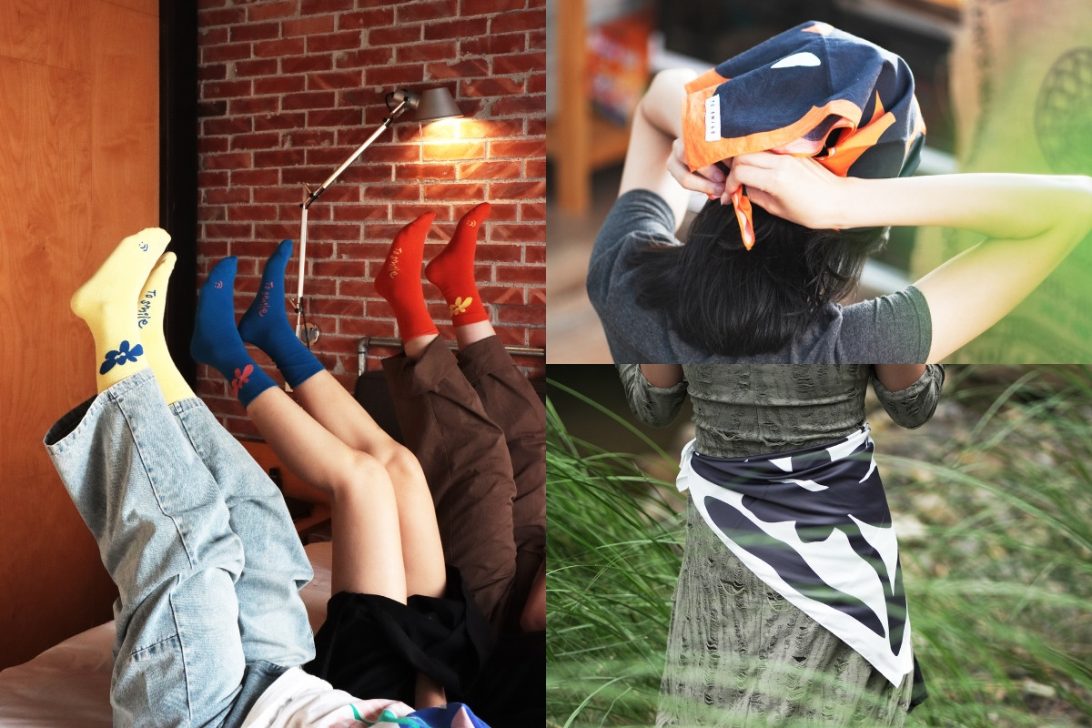 【展覽周邊】棉襪（左）、方巾（右上）、絲巾（右下）。（圖片提供：U.I.J Hotel & Hostel）