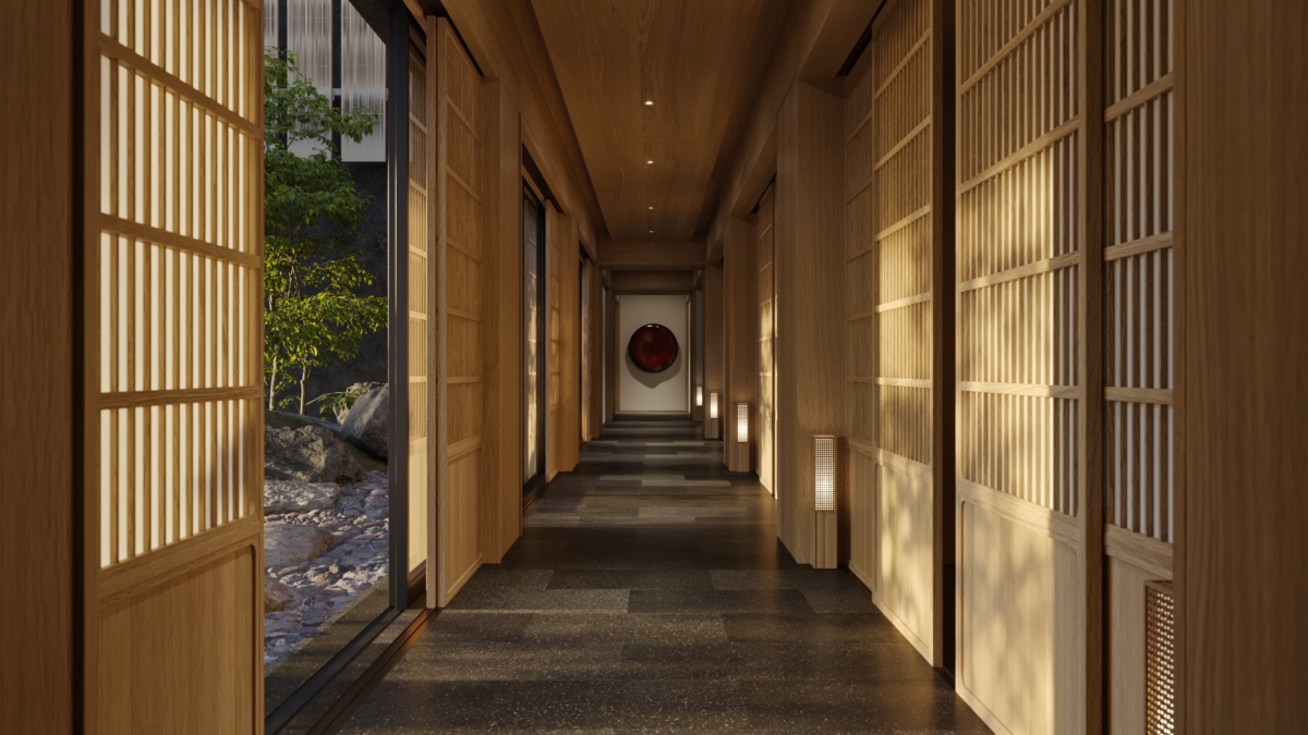 飯店延續町家的精神與祇園的氛圍，館內以「障子」構築出幽靜的巷弄意象，伴隨潺潺水聲流動，營造出靜謐而詩意的氛圍。（圖片來源：Capella Kyoto）