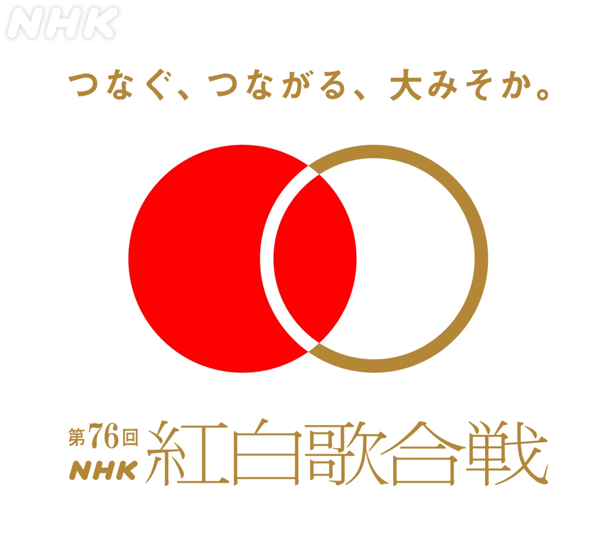 「第76屆NHK紅白歌合戰」的主題為「つなぐ、つながる、大みそか。（連結、相連、除夕）」，並由創意總監引地耕太操刀本屆Logo與主視覺。（圖片來源：NHK）