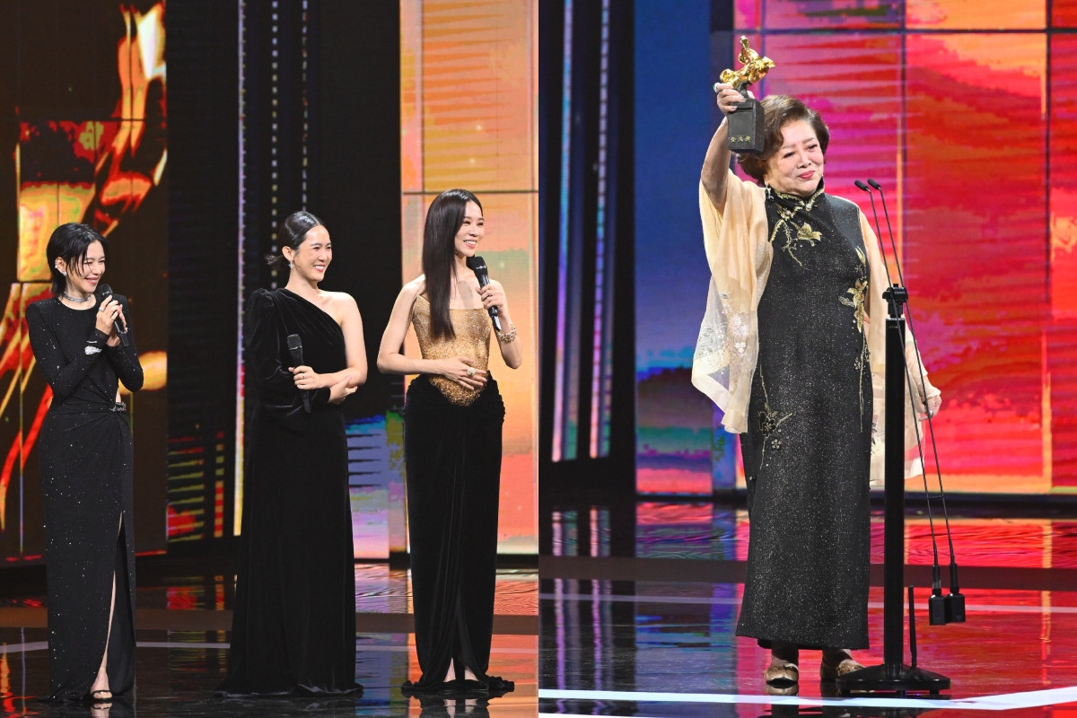 《孤味》三姊妹謝盈萱、徐若瑄、孫可芳（左）齊聚為「淑芳媽媽」（右）獻終身成就獎。（圖片提供：金馬執委會）