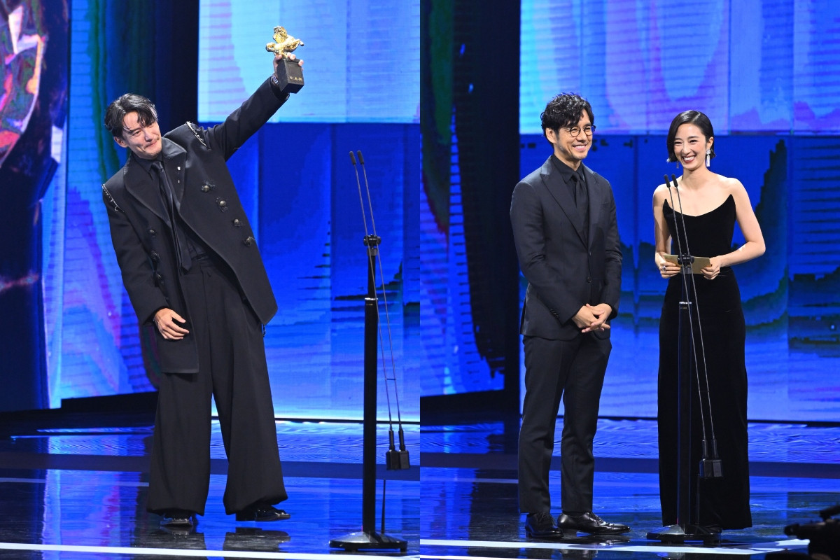 桂綸鎂合體西島秀俊（右）見證張震（左）二封影帝，為老友開心之情寫在臉上。（圖片提供：金馬執委會）