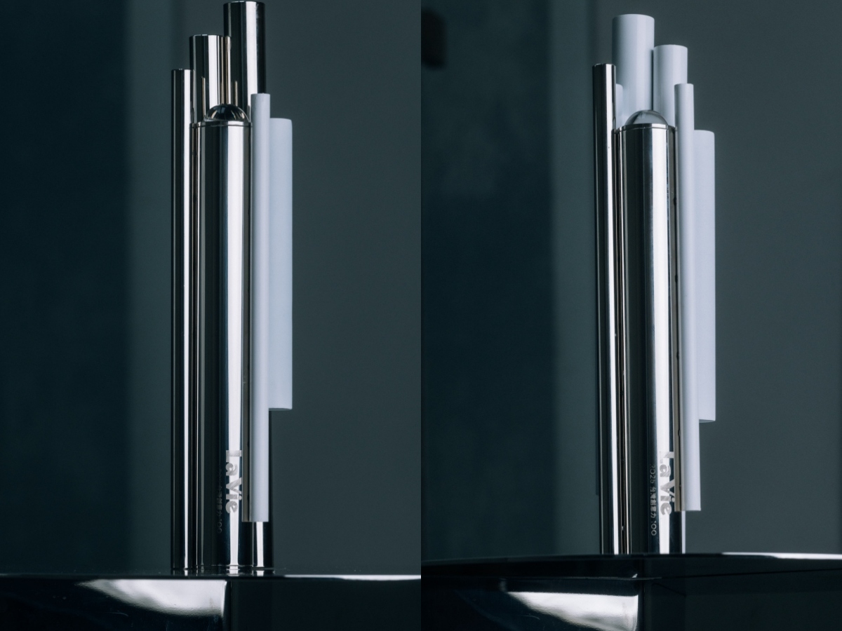 首獎（左）的磁鐵棒質地為：3支銀色、1支白色亮面、2支白色霧面；一般獎（右）為：1支銀色、3支白色霧面、2支白色亮面。（攝影：蔡耀徵）