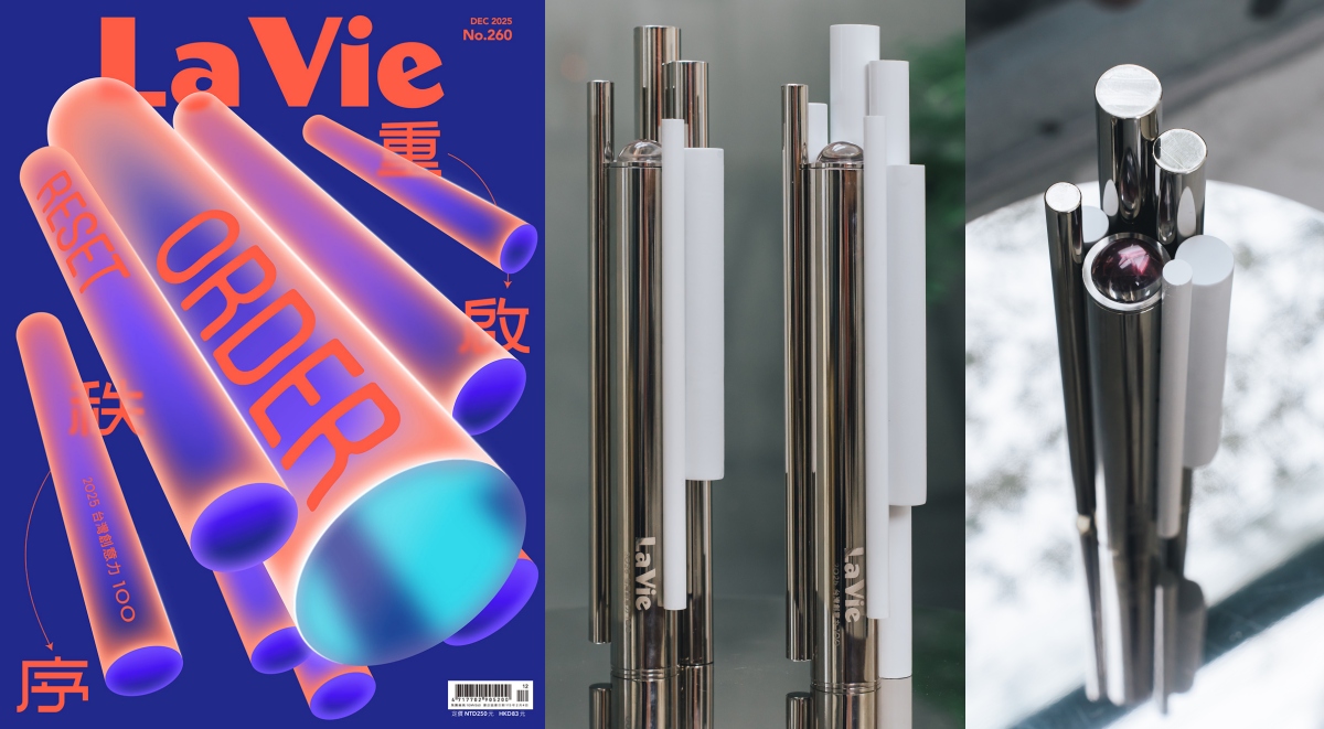 2025台灣創意力100的視覺設計，轉化了實體獎盃的特性。（右圖攝影：吳哲夫）