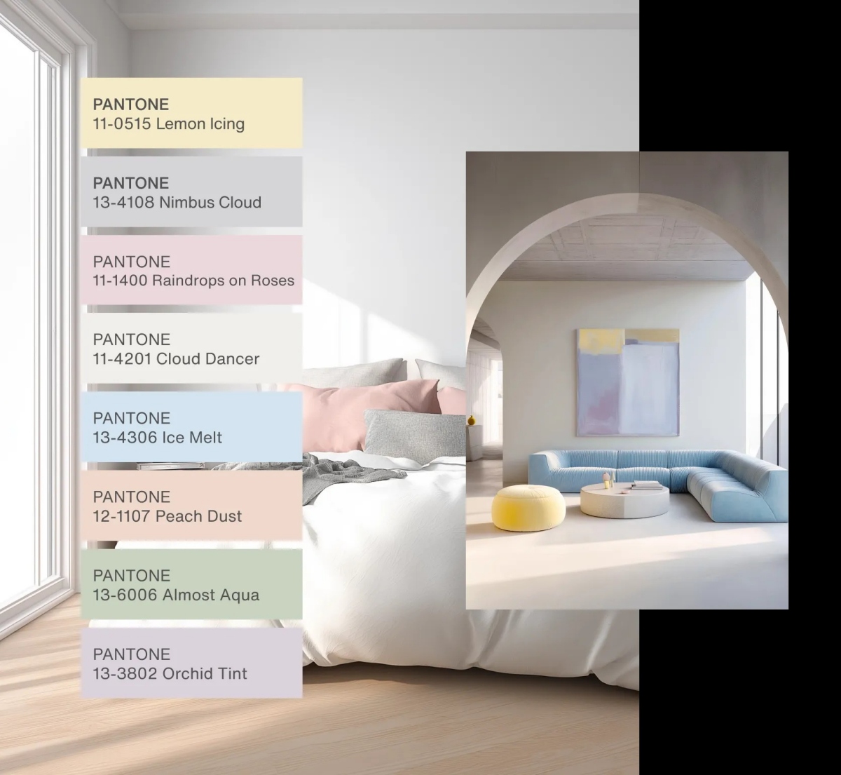 「Cloud Dancer 雲上舞白」色彩搭配方案（圖片來源：Pantone）