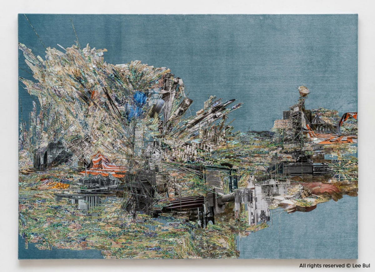 李昢《無題（甘願脆弱──絲絨#15）》 2021 年 珍珠母、塑膠彩、絲絨拼貼 首爾 Leeum 美術館藏 © 李昢 攝影： Jeon Byung-cheol