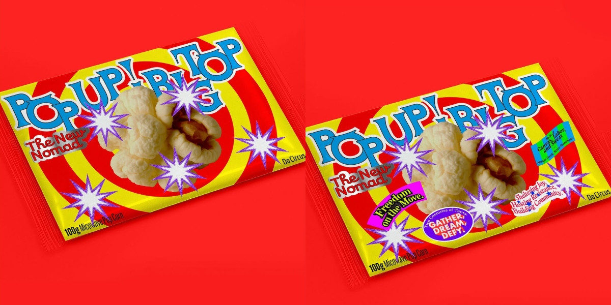 發想自80年代美國超市，外袋鮮豔底色與浮誇線條形塑美式復古風格，貼上隨附的標語貼紙後更富張力（如圖右）。（圖片來源：Do Circus Instagram @docircus_online）