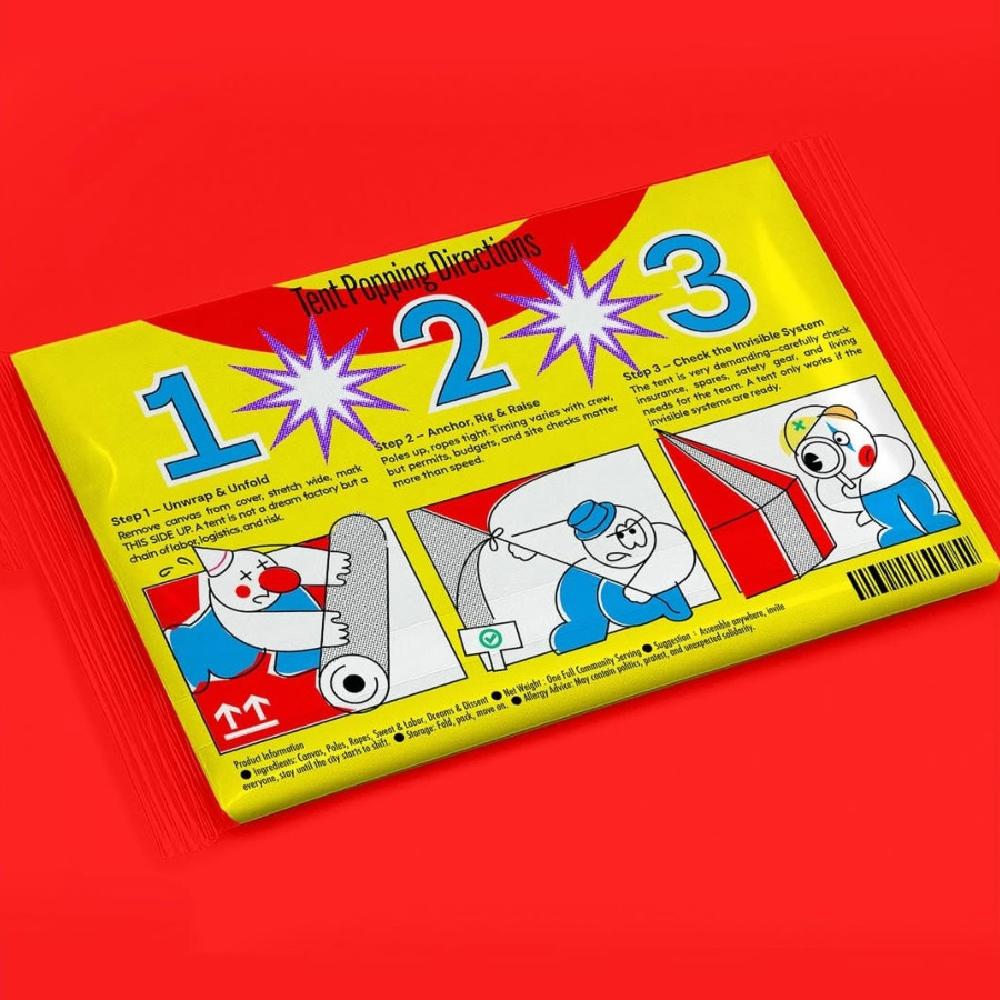 搭帳3步驟涵蓋密集勞動，最下排成分表藏令人心中一揪一笑的細節。（圖片來源：Do Circus Instagram @docircus_online）