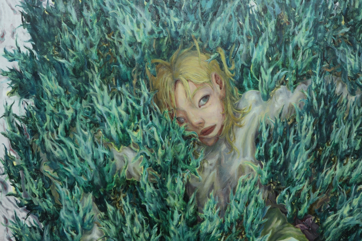 王冠蓁《意識的推手》之〈掉筆的寫生〉局部，2024，油彩、畫布，163*112公分。（圖片提供：王冠蓁）