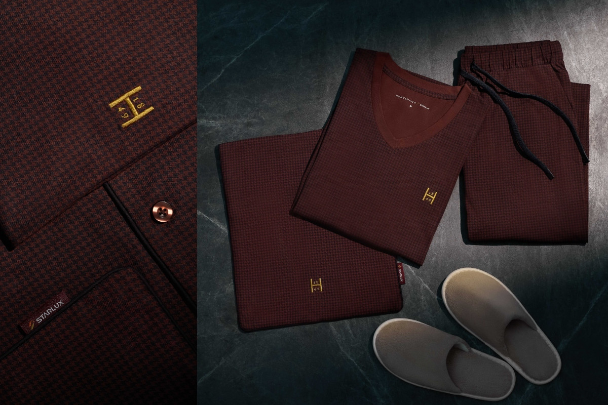 頭等艙家居服攜手英國頂級訂製西服經典代表Huntsman，以品牌標誌性千鳥格紋面料鑲嵌金色繡線，彰顯低調奢華格調。（圖片提供：星宇航空）