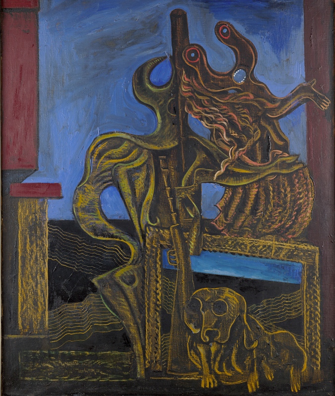 馬克斯．恩斯特，《獵人》，1926，油彩、畫布，100 × 81 公分。© VG Bild-Kunst, Bonn 2025，圖像由布魯塞爾伊克塞爾美術館（Musée d’Ixelles）典藏提供。