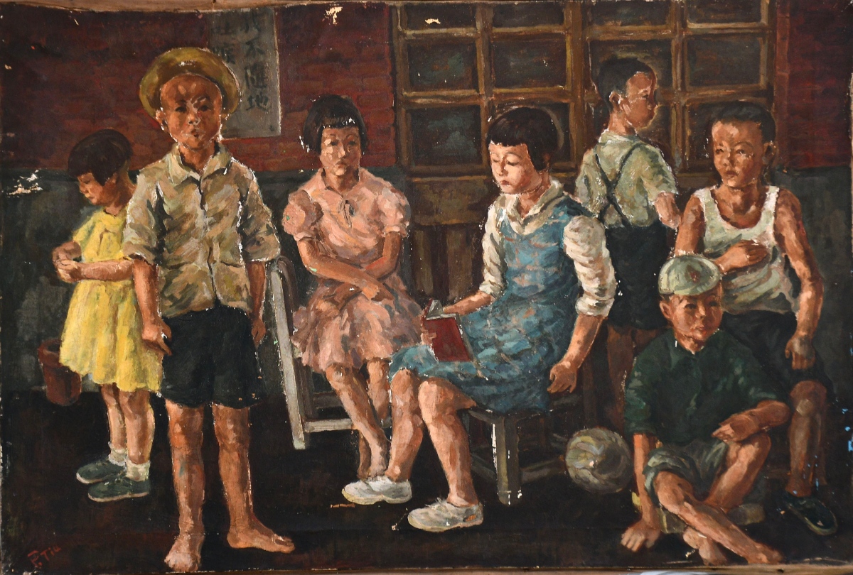 張炳堂，《孩子們》，1951，油彩、畫布，61 × 91公分。臺北市立美術館典藏。