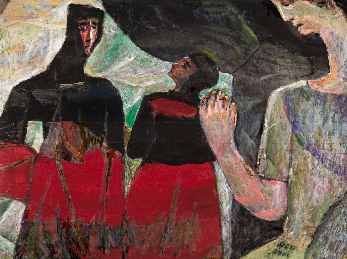 侯錦郎，《分憂》，2000，油彩、畫布，96 × 129公分。臺北市立美術館典藏。