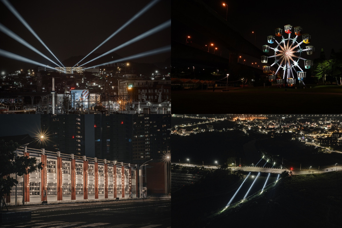 姚仲涵《光電獸》聲光藝術系列作品，左上〈你追我跑〉、左下〈分列式〉、右上〈請支援收音〉、右下〈古月號〉。（圖片提供：交通部觀光署）