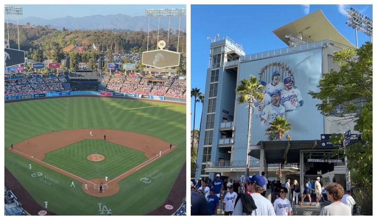 本壘板後方3樓視角（左）、道奇球場內大景（右）。（圖片提供：張辰嬿）