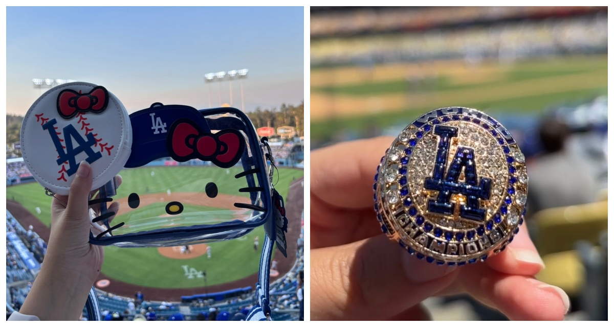 Hello Kitty主題日入場禮（左）、某日球賽的入場禮是冠軍戒指（右）。（圖片提供：張辰嬿）