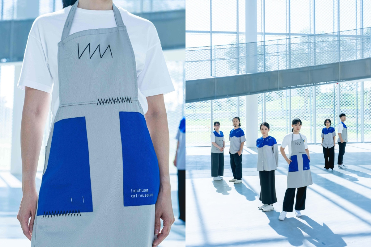 胸上不規則剪裁的寶藍色塊象徵藝術創作的自由流動。（圖片提供：臺中綠美圖）