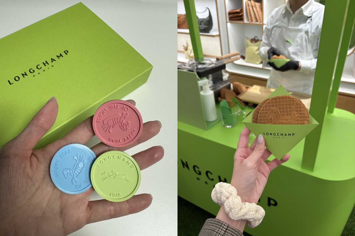 民眾通過刮刮卡遊戲獲得體驗幣（左）後，可前往店外特設的搖搖馬樂園體驗互動裝置並留下拍貼；週末特定時段則有餐車駐店，現烤搖搖馬馬華夫餅（右）招待顧客。（圖片提供／攝影：Ning Chi）