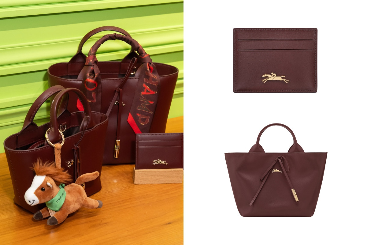 左圖單品包括Le Roseau勃根地紅手提包（左），參考價格 NT$24,900；Le Roseau勃根地紅托特包（中），參考價格 NT$29,600；馬年限定勃根地紅卡片夾（右），參考價格 NT$4,300。（圖片提供：Longchamp）