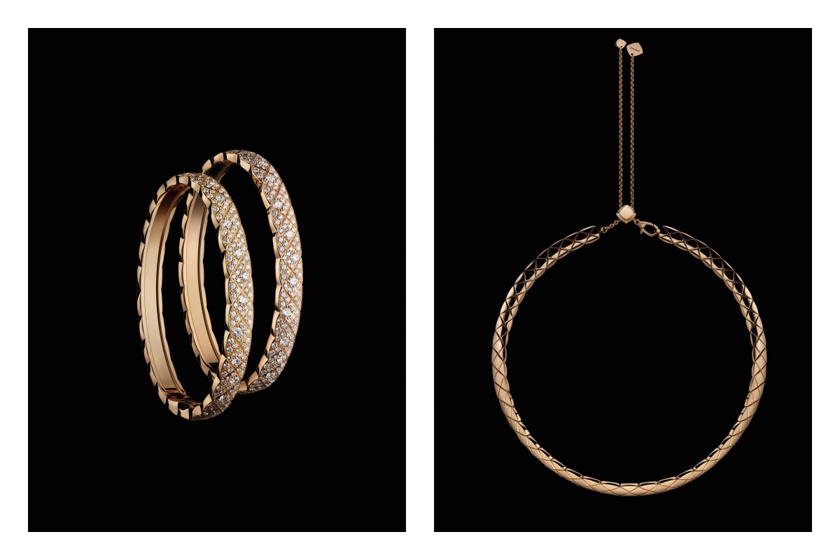 COCO CRUSH手環18K黃金及18K BEIGE米色金（左）、COCO CRUSH柔軟短項鍊18K BEIGE米色金（右）。（圖片提供：香奈兒）