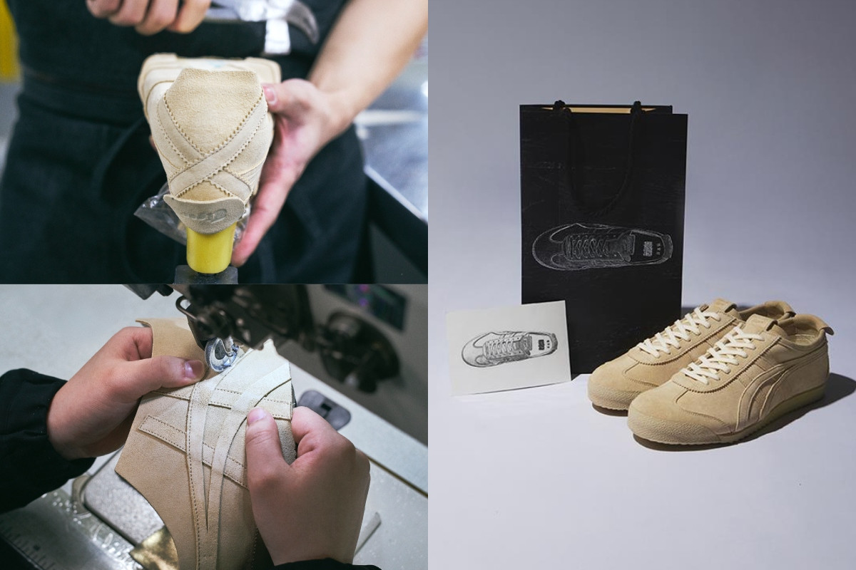 整體設計揉入鳥取沙丘意象，並採麂皮皮革打造鞋身；購買附贈限定版購物袋和紀念卡（如圖右）。（圖片提供：Onitsuka Tiger）