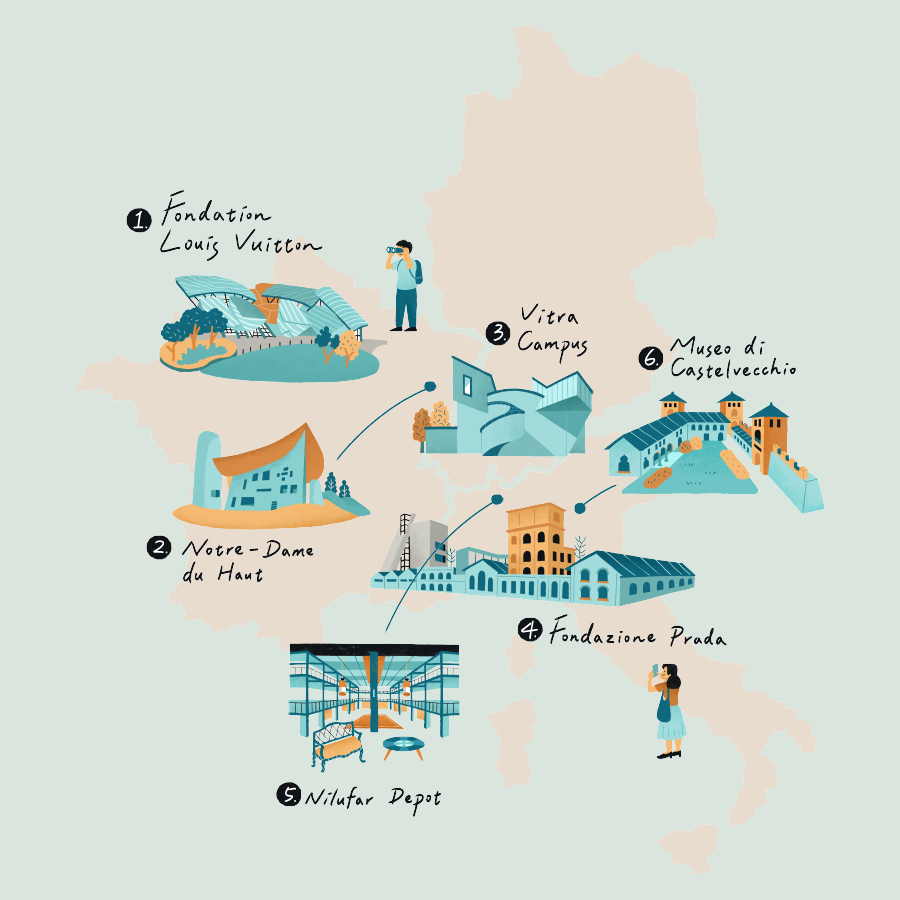 歐洲建築名作地圖。（插畫：默尼 Moony）