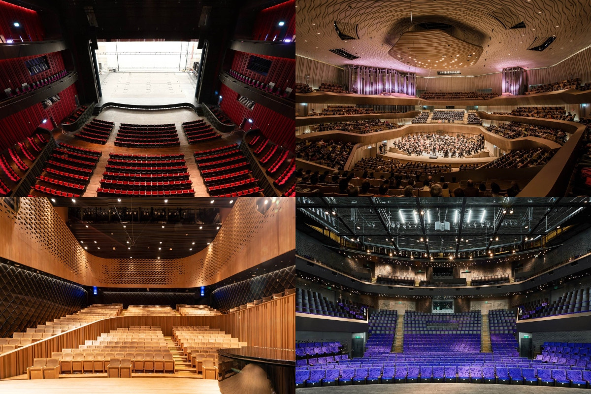 館內共設歌劇院（左上）、音樂廳（右上）、表演聽（左下）、戲劇院（右下）4座國際級場地。（圖片來源：Mecanoo）