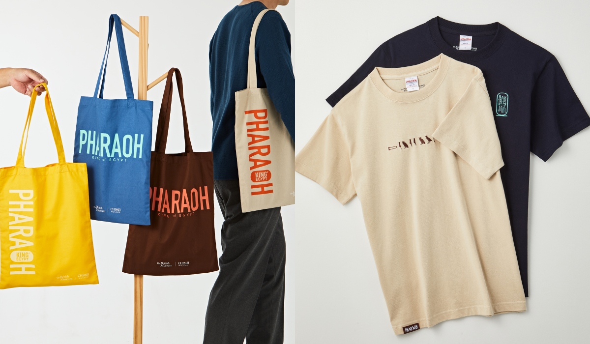 《埃及之王》展覽托特包，每款250元；《埃及之王：法老》特展T-shirt 每款850元。（圖片提供：奇美博物館）