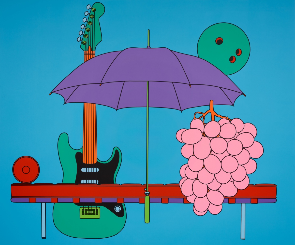 麥可．克雷格－馬丁《室內（附躺椅）》，2021，壓克力彩、鋁板，250 × 300 cm © Michael Craig-Martin. 藝術家版權所有，攝影：Lucy Dawkins，圖片提供：高古軒。