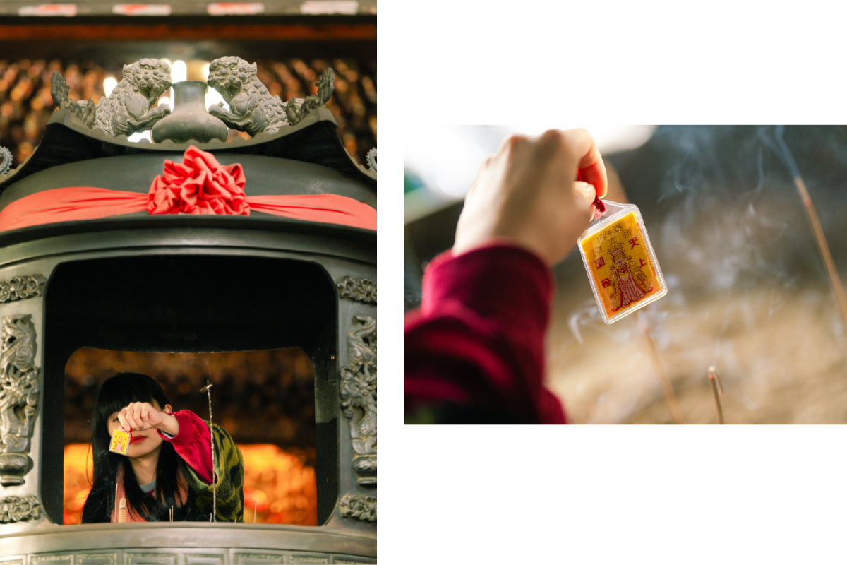 採訪這天，兩人帶平安符回來灣子內朝天宮過香爐。（攝影：Rafael Wu）