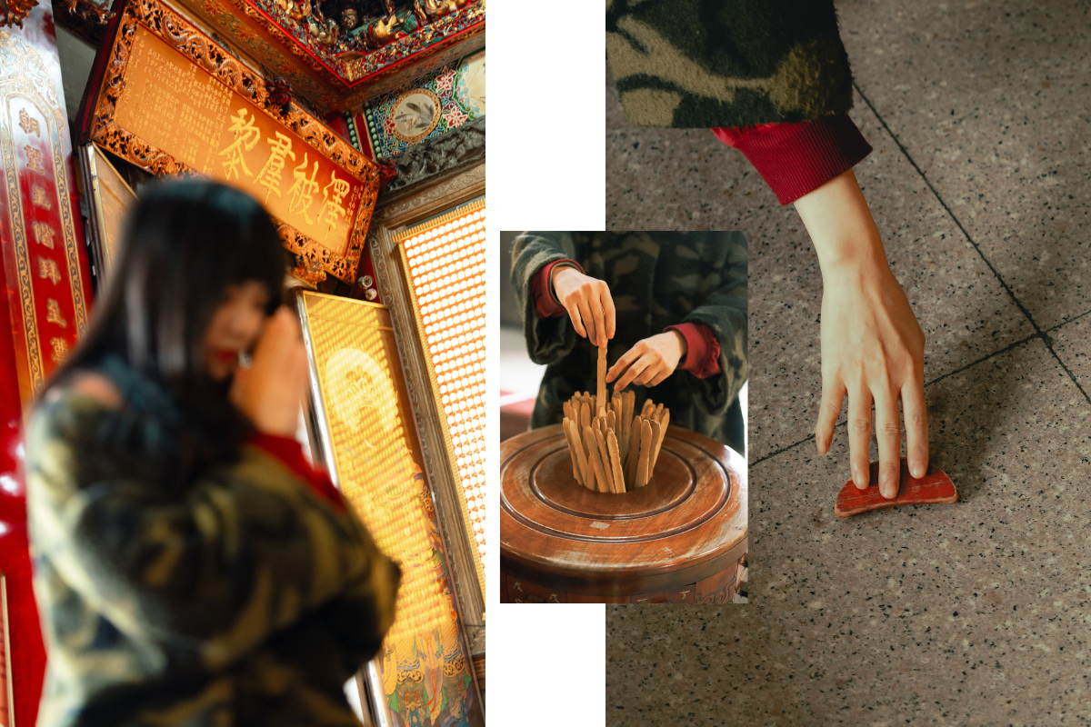 稍早邊拍攝，凱婷默默和觀世音菩薩真的求起籤——是人生求籤初體驗！（攝影：Rafael Wu）