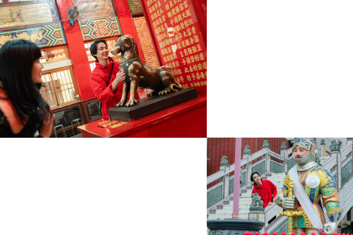 左：高雄關帝廟供人撫摸以祈求好運的「神羊」， 兩人說過年總是看到好多人會整隻摸一遍。右：當年有感於台灣常受外國欺壓，高雄關帝廟第一屆主委於廟前特設兩尊羅馬武士守衛廟宇。（攝影：Rafael Wu）