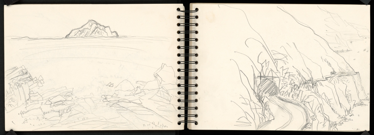 藝術檔案：倪再沁，倪再沁風景素描稿，2000年之後，簽字筆、紙，21x31cm(攤開尺寸60.5x21cm)，家屬自藏。（圖片提供：中美館）
