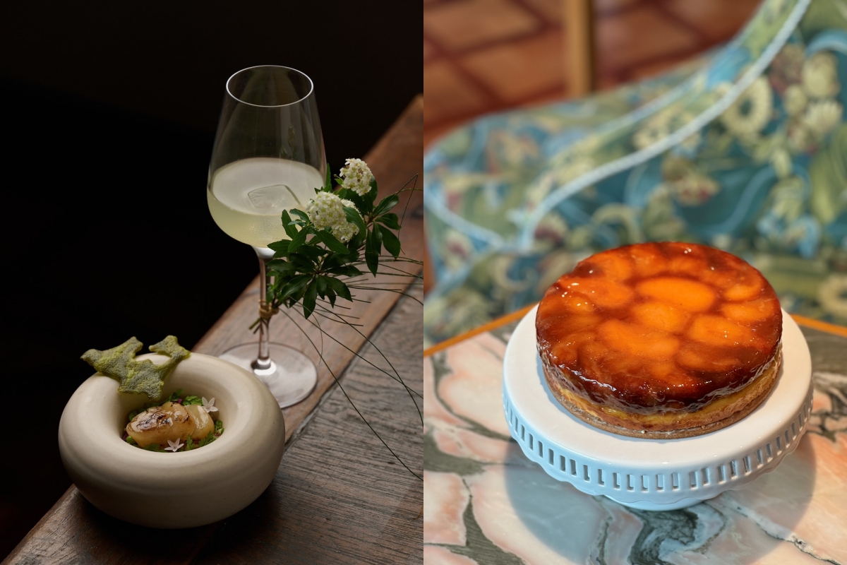 香色「青森干貝 / 青天霹靂米 / 梅干菜」（左）、SEASON Artisan Pâtissier「古早味阿祖蘋果倒塔」（右）。（圖片提供：青森週）