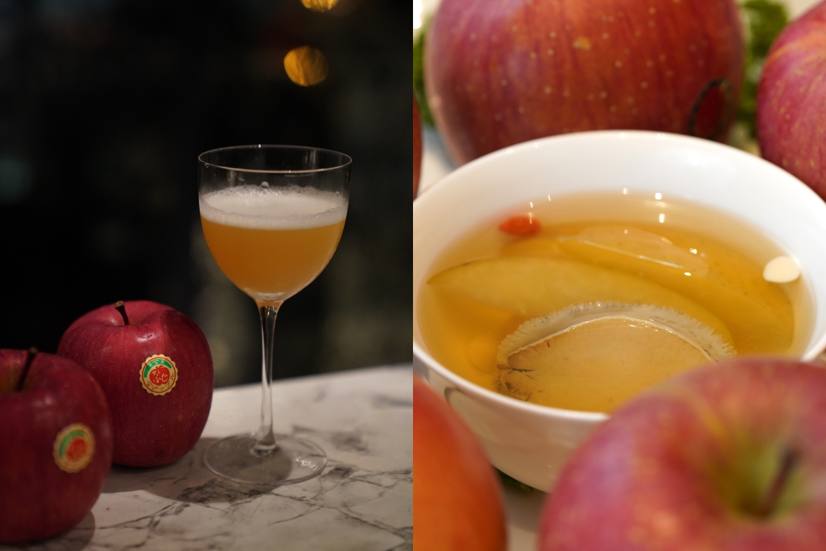 BAR MOOD Taipei 吧沐「光之蘋」（左）、朧粵「青森香蘋燉鮮鮑」（右）。（圖片提供：青森週）