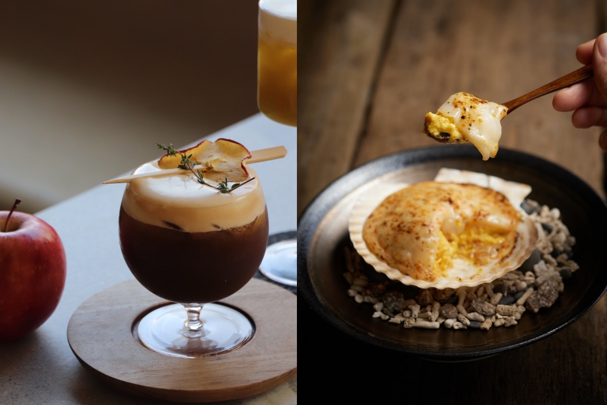 Daily Ping「青森蘋果冰美式咖啡」（左）、飛花落院「帆立貝燒」（右）。（圖片提供：青森週）