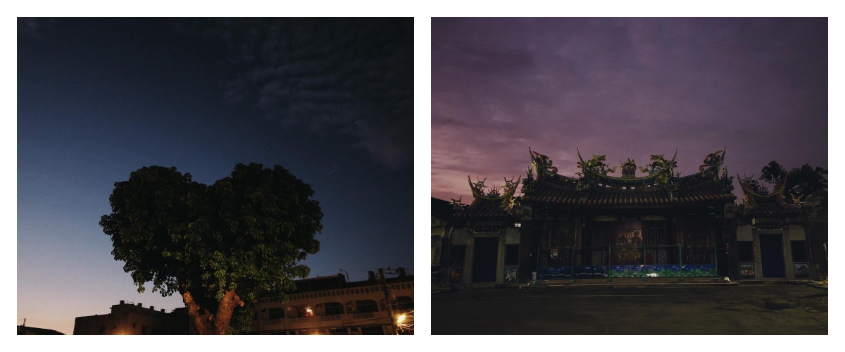 潘客印喜歡拍攝社頭泰安岩的剪影，廟旁也有一顆「愛心」形狀的樹。（圖片提供：潘客印）