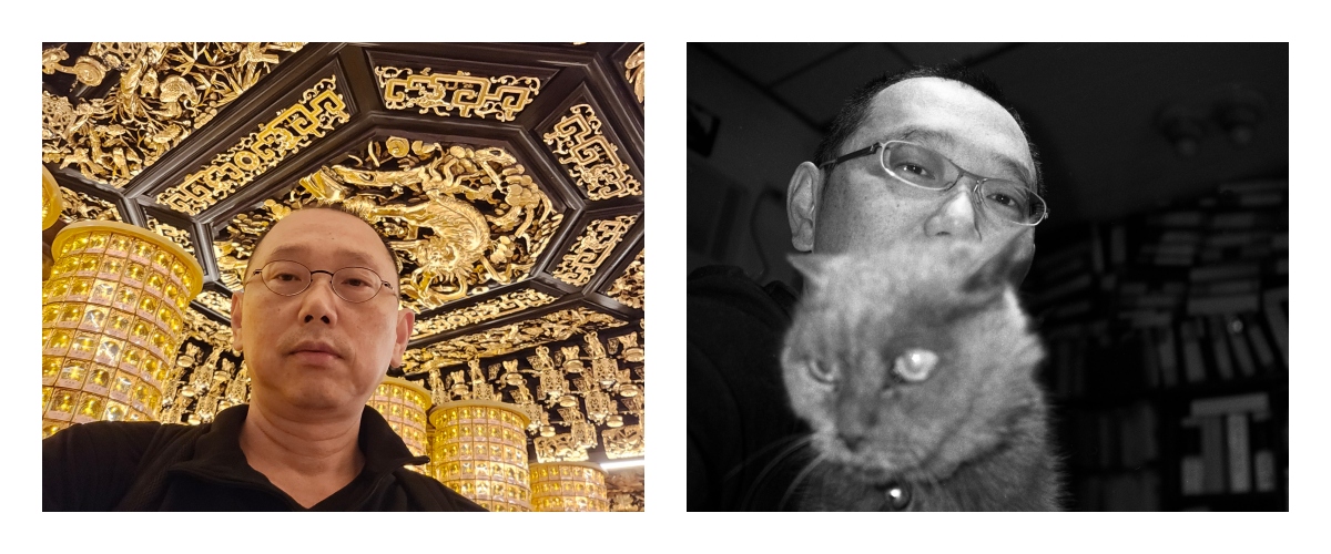 姚瑞中拍攝於烘爐地光明殿（左）、姚瑞中和愛貓摩卡（右）。（圖片提供：姚瑞中）