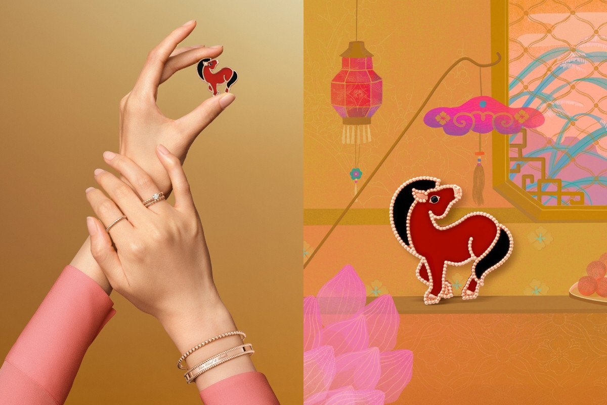 Van Cleef & Arpels Lucky Animals Horse胸針，18K玫瑰金鑲嵌紅玉髓及縞瑪瑙，參考價格 NT$279,000。（圖片提供：Van Cleef & Arpels）