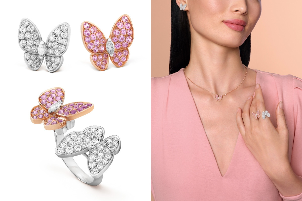 Van Cleef & Arpels Two Butterfly耳環（上）、Two Butterfly Between the Finger指間戒（下），18K白金鑲嵌藍寶石及鑽石，價格店洽。（圖片提供：Van Cleef & Arpels）