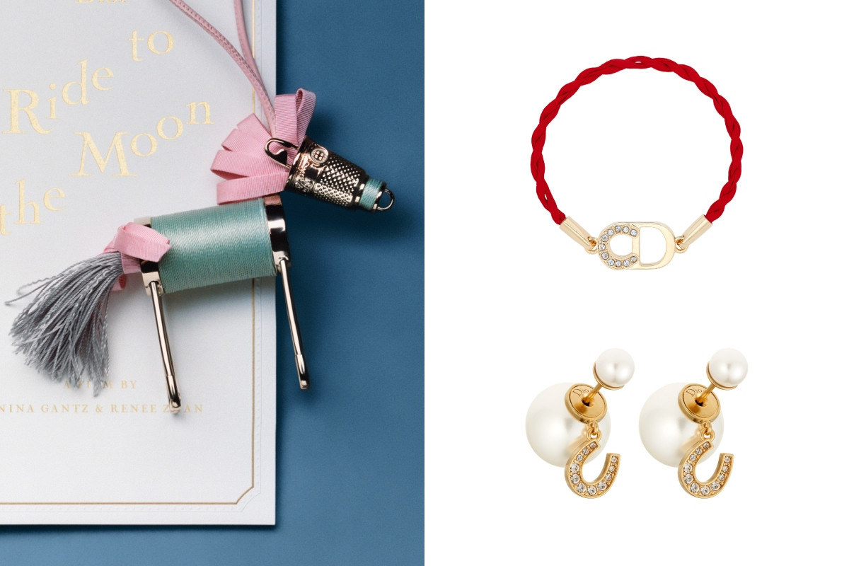 Dior駿馬造型包款吊飾（左），參考價格 NT$38,000；Lucky Dior皮革手鍊（右上），參考價格 NT$14,500；Tribales馬蹄鐵造型珠飾耳環（右下），參考價格 NT$19,000。（圖片提供：Dior）