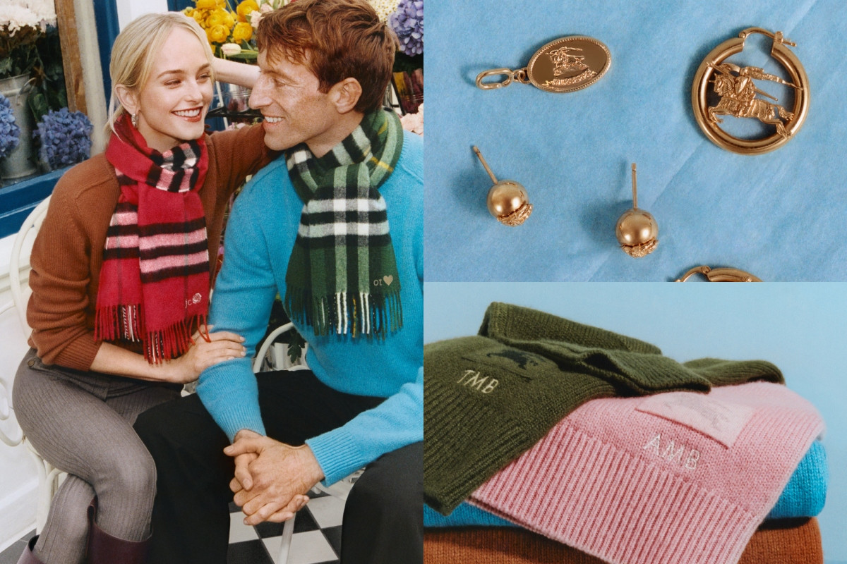 Burberry情人節企劃捕捉情侶檔Jean Campbell、Orfeo Tagiuri的真實日常，特選圍巾、指定款式毛衣和針織衫提供客製化繡字服務。（圖片提供：Burberry）