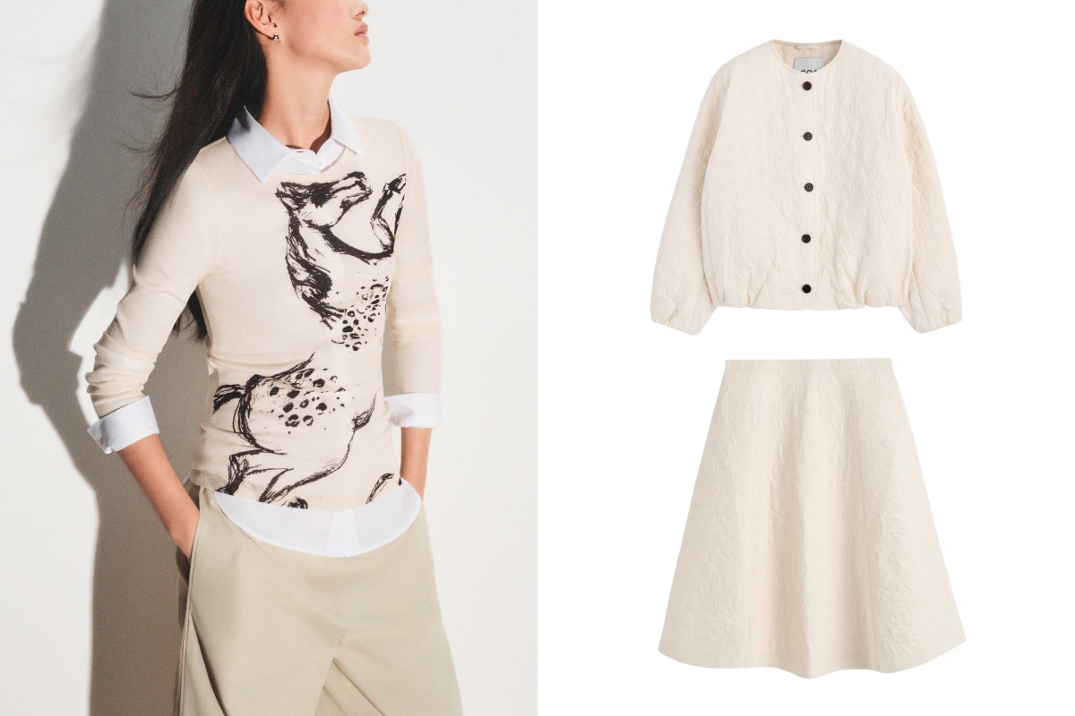 COS馬年限定系列印花上衣（左），價格店洽；刺繡絎縫內裡外套（右上），參考價格 NT$6,500；刺繡絎縫中長裙（右下），參考價格 NT$6,500。（圖片提供：COS）